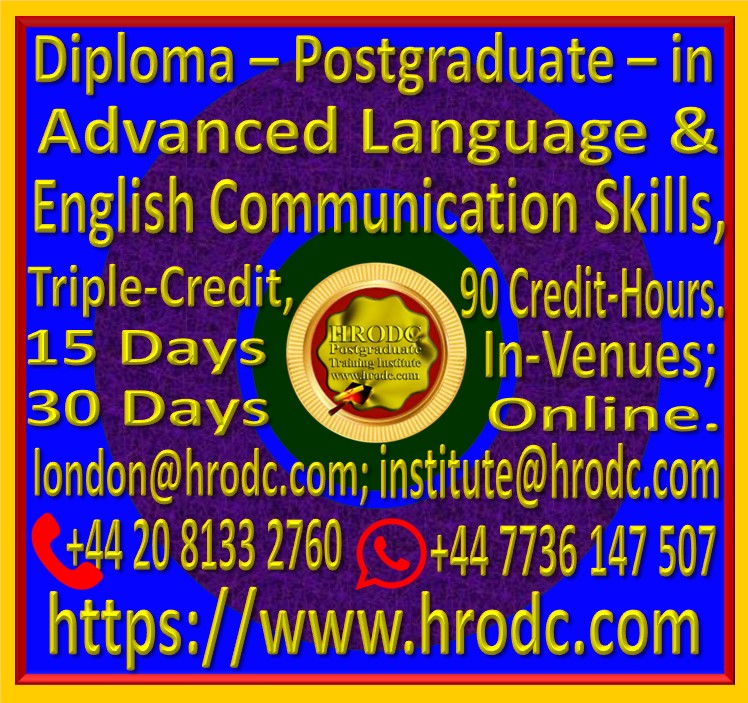 Graphics introducing Diploma  Postgraduate  in Advanced Language and English Communication Skills, Triple-Credit, 90 Credit-Hours, from HRODC Postgraduate Training Institute. It is hyperlinked to the respective brochure for viewing and, or download.