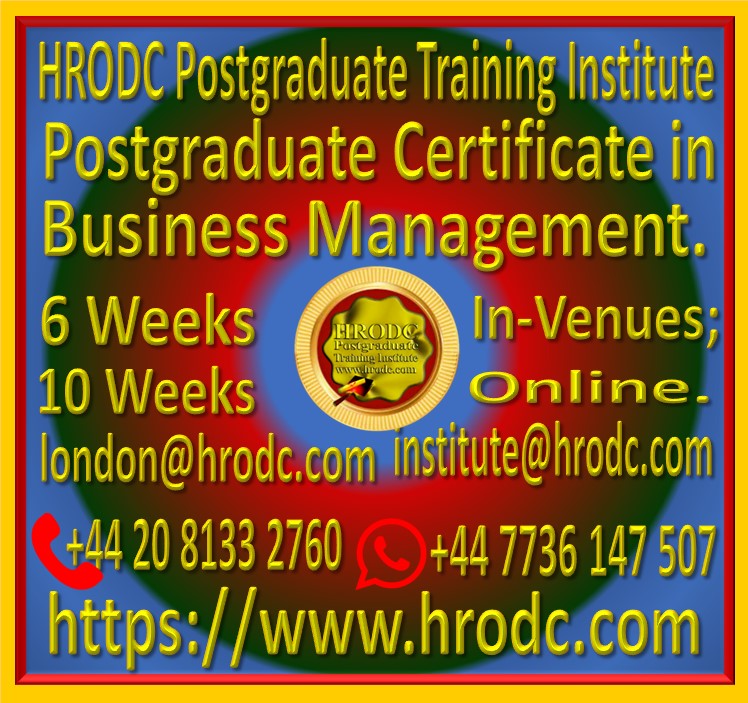Graphics introducing Postgraduate Certificate in Business Management, from HRODC Postgraduate Training Institute. It is hyperlinked to the respective brochure for viewing and, or download.