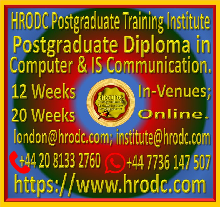 Graphics introducing Postgraduate Diploma in Computer & IS Communication, from HRODC Postgraduate Training Institute. It is hyperlinked to the respective brochure for viewing and, or download.