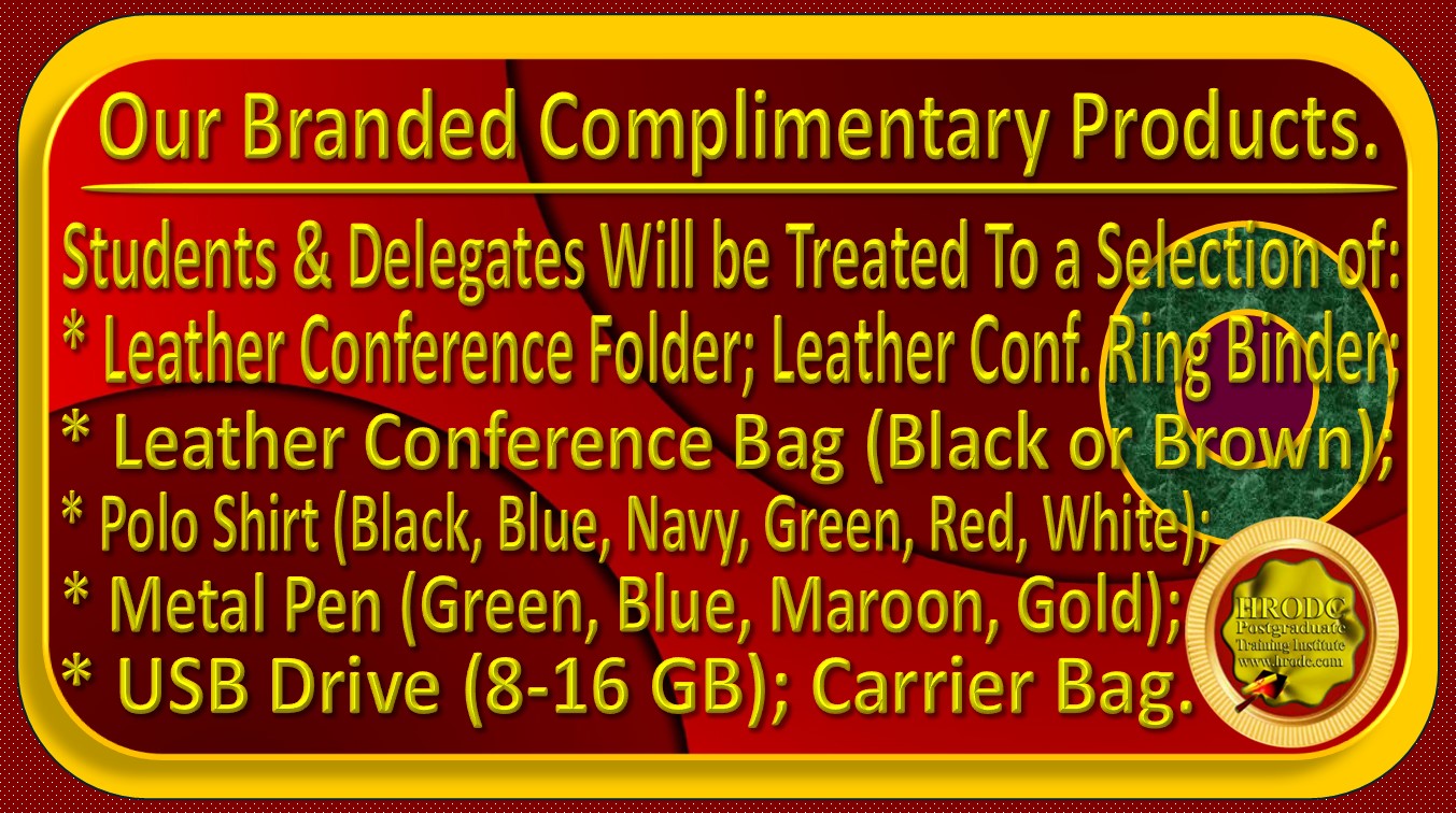 Large Graphics highlighting Branded Complimentary Products, for Postgraduate Students and Delegates, studying Postgraduate Diploma, Postgraduate Certificate, Diploma  Postgraduate, and General Diploma, at HRODC Postgraduate Training Institute, A Postgraduate-Only Institution: https://www.hrodc.com/