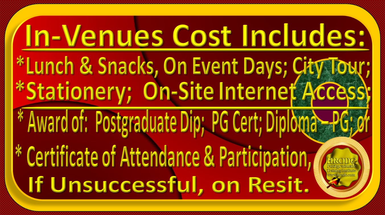 Web Graphics of Cost Inclusion, for In-Venue Students and Delegates in attendance at a Postgraduate Diploma, Postgraduate Certificate, or Diploma  Postgraduate Short Course, at HRODC Postgraduate Training Institute, A Postgraduate-Only Institution (https://www.hrodc.com). 