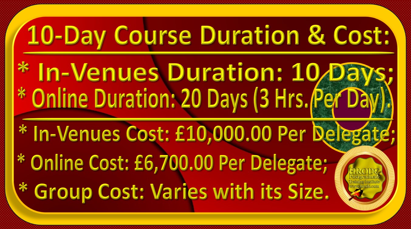 Website Caption For Course Duration and Cost. Included in the caption are the duration and cost of In-Venues and Online Course Deliveries, for this course, from HRODC Postgraduate Training Institute, A Postgraduate-Only Institution (https://www.hrodc.com). 