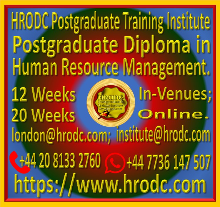 Graphics relating to our Institutes name, Award Name, Duration In-Venues and Online (with contact details) of a Postgraduate Diploma Programme, from HRODC Postgraduate Training Institute, https://www.hrodc.com.